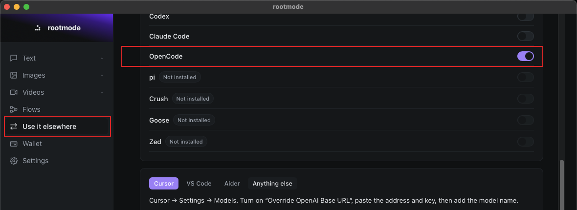 Use it elsewhere in the rootmode app, with OpenCode connected.